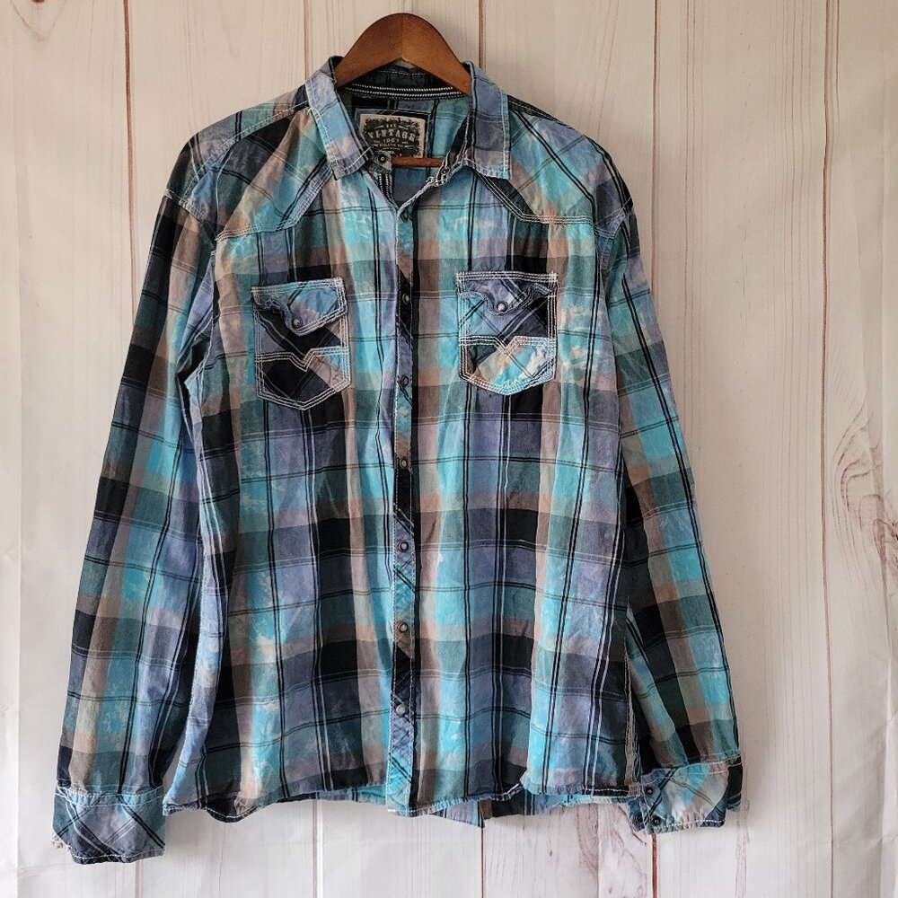 BKE Vintage Men’s XL Pearl Snap Long Sleeve Blue Plaid Shirt, Western, Distress
